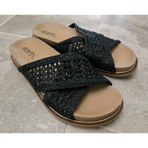 Earth Flurry Black Woven Crochet Slide Sandals US6 9M Footbed Comfort Womens